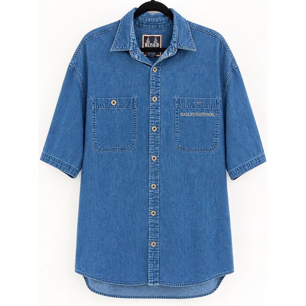 Harley Davidson Biker Blues Shirt Mens XL Blue Denim Short Sleeve Moto Gorpcore
